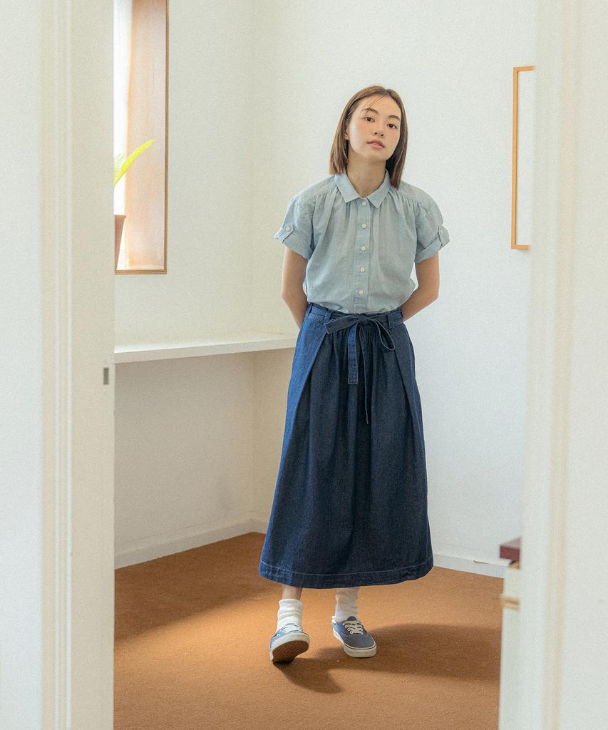Cotton Bell Waist Belt Shirred Denim Skirt - Indigo