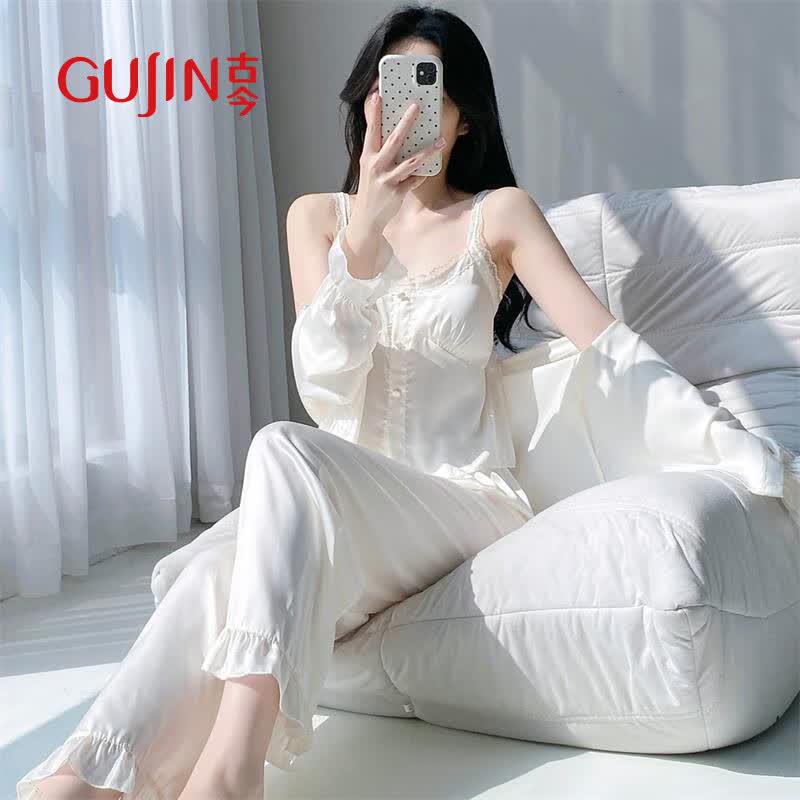 GUJIN Women s Ice Silk Sexy Sleepwear Three-Piece Set L