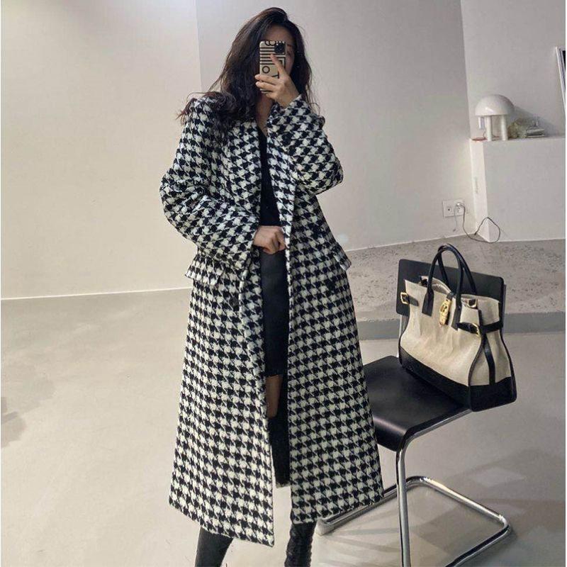 2025 Spring Korean Houndstooth Woolen Mid-Length Over-the-Knee Socialite Coat for Women