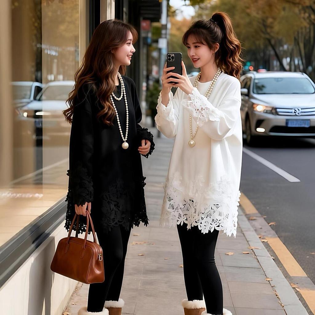 Mid-Length German Fleece Lace Patchwork Long Sleeve T-shirt - Women's Thickened Base Layer, Autumn/Winter 2026 Collection.