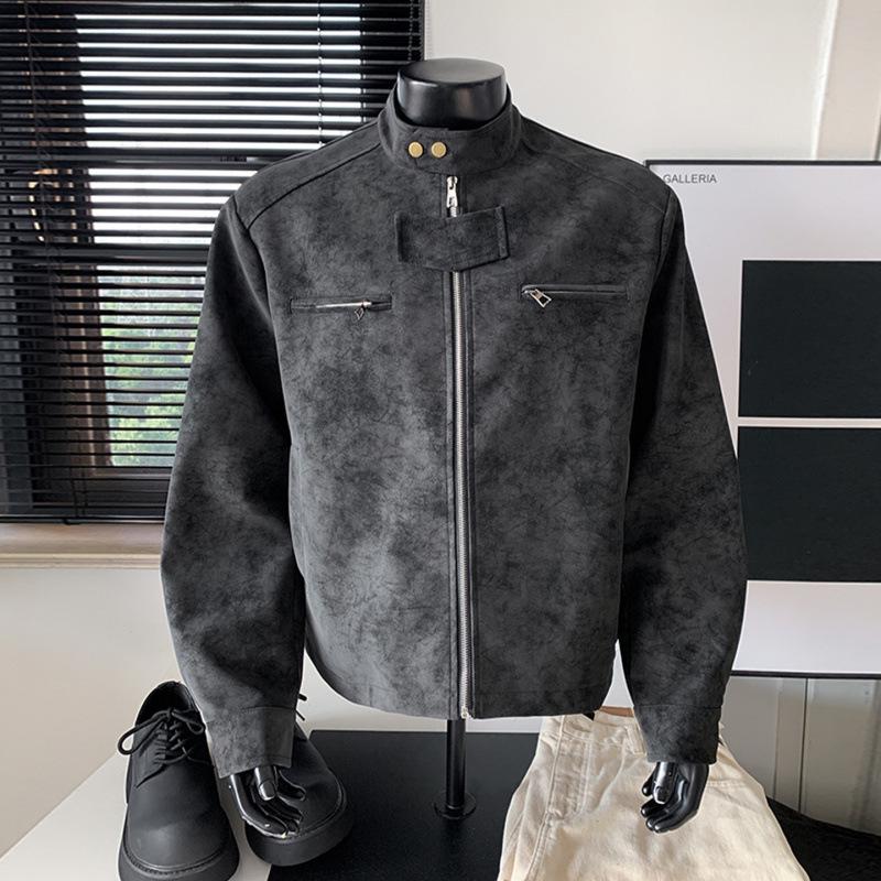 Men's Matte Leather Stand Collar Jacket - Autumn Motorcycle & Baseball Style