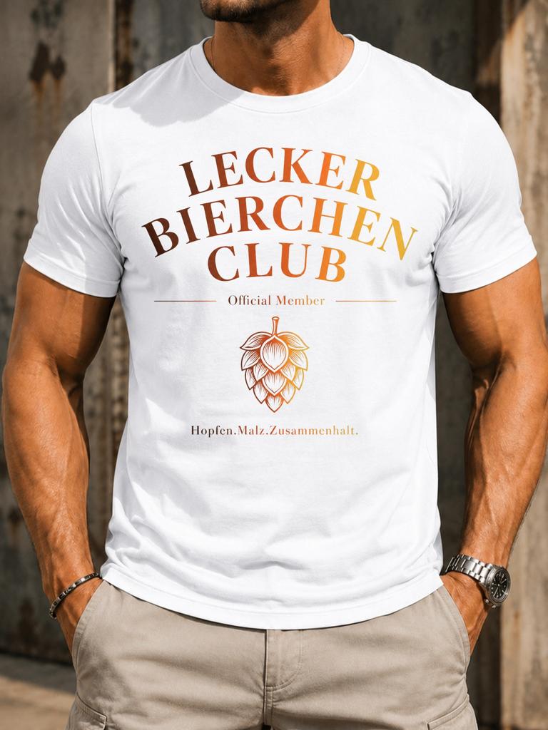 Lecker Bierchen Club Offizielles Mitglied geschwungene orangebraune Schriftzug zentraler Hopfenkegel Deutsches Bier Unisex Alles T-Shirt