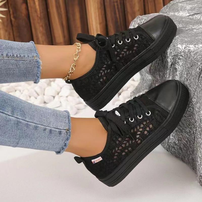 Summer Women's Shoes Casual White Shoes Cutouts Lace Canvas Hollow Breathable Platform Flat Shoes Woman Sneakers