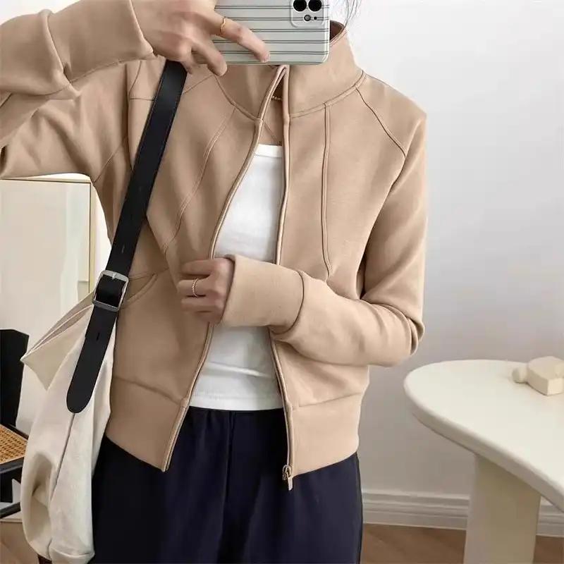 Women's Navy Blue Zip-Up Jacket - Stand Collar Slim Fit Thumbhole Sports Top