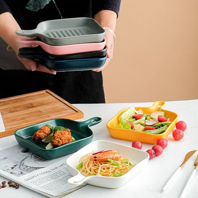 Farbige Glasur Ofen Käse Backblech Einzelgriff Restaurant Keramikschale Backen Gebackener Reis Tablett Geschirr Quadratisches Tablett Haushalt