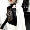 De Rong Women's Autumn/Winter Semi-High Neck Rhinestone Long-Sleeve T-Shirt