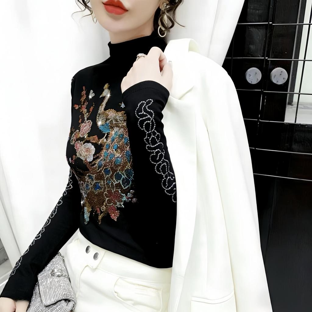 De Rong Women's Autumn/Winter Semi-High Neck Rhinestone Long-Sleeve T-Shirt
