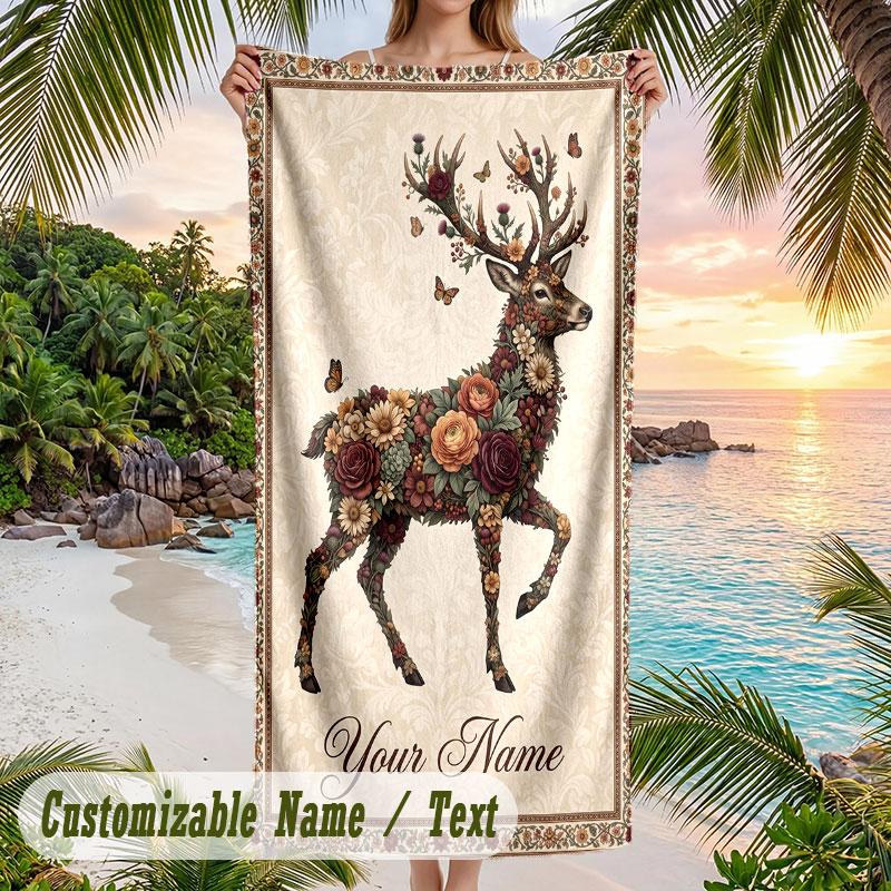 Floral Deer Artwork Theme Quick Dry Beach Towel Custom Name Text Print Large Sand Resistant Towel Beach Vacation