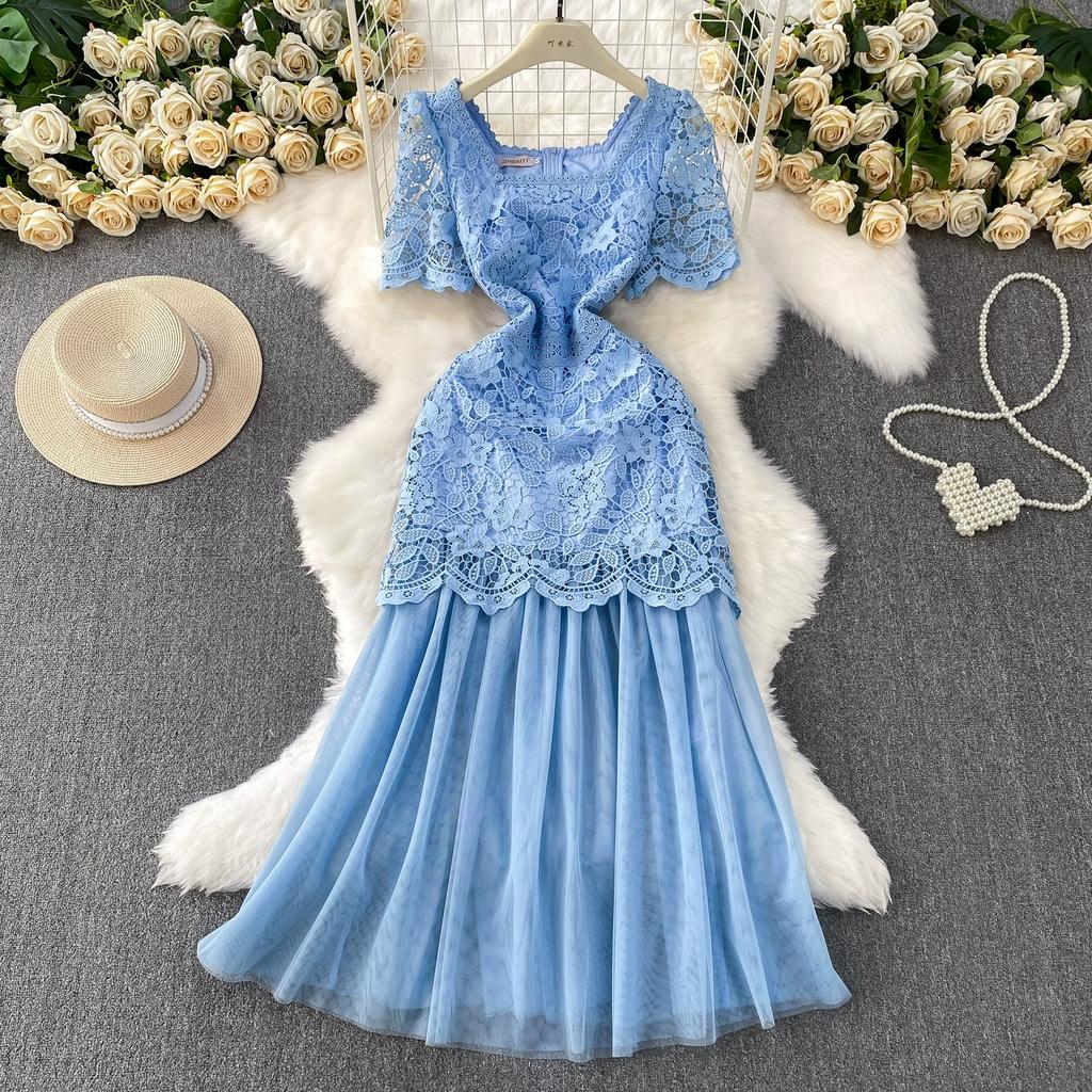 Summer Women Elegant Square Collar Embroidery Flower Lace Mesh Patchwork Long Maxi Slim Bodycon Party Dresses