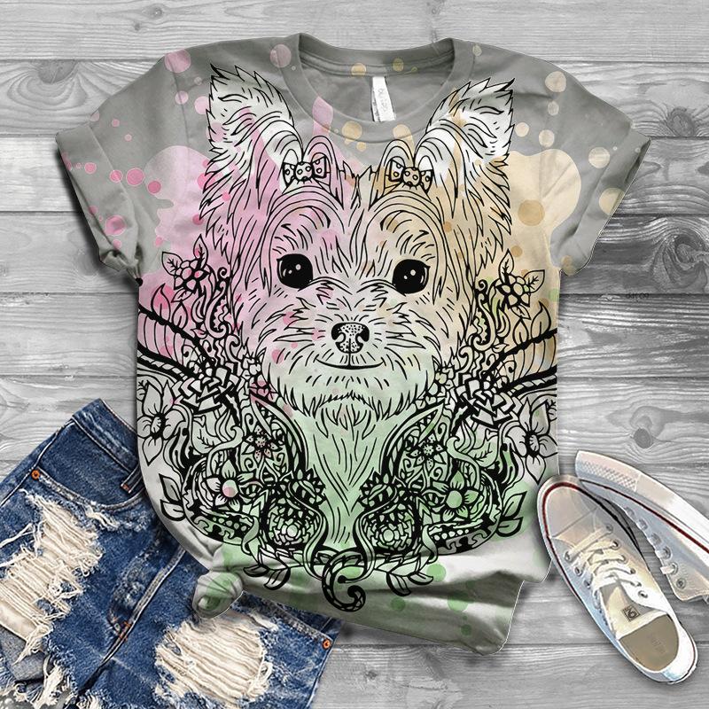 Summer New Animal Dog 3D Printed Loose White Top Women's T-shirt