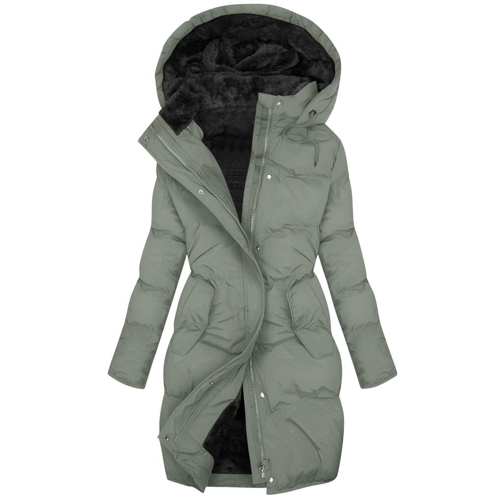 Women's Fashion Solid Color Long Sleeved Hooded Long Zipper Cotton Jacket Warm Coat Down Jacket