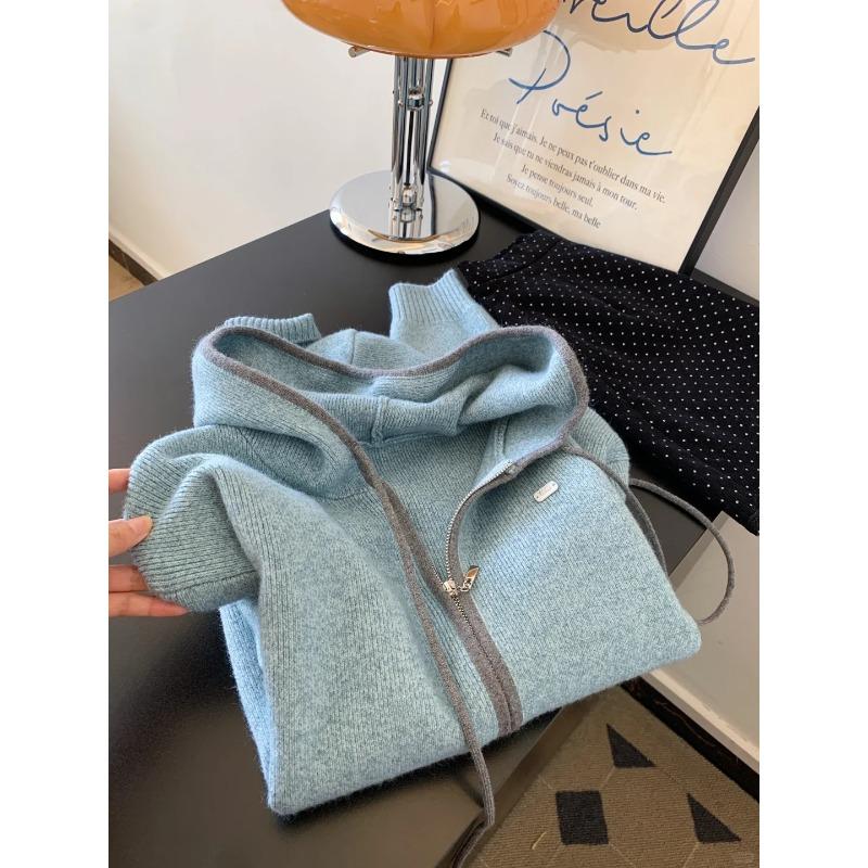 

Double zipper loose casual knitted sweater hooded top jacket women s autumn and winter new contrasting color long-sleeved outer sweater L синий