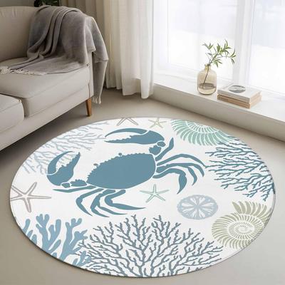 Nautical Coastal Crab Round Area Rug Soft Non-Slip Floor Mat Ocean-Themed Blue Crab Coral Starfish Pattern Carpet