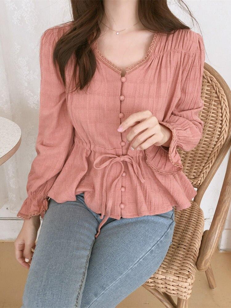 

Модные повседневные однотонные женские топы на пуговицах с длинными рукавами-колокольчиками, новинка 2022 года, весенняя женская простая шифоновая рубашка с талией XL оранжевый