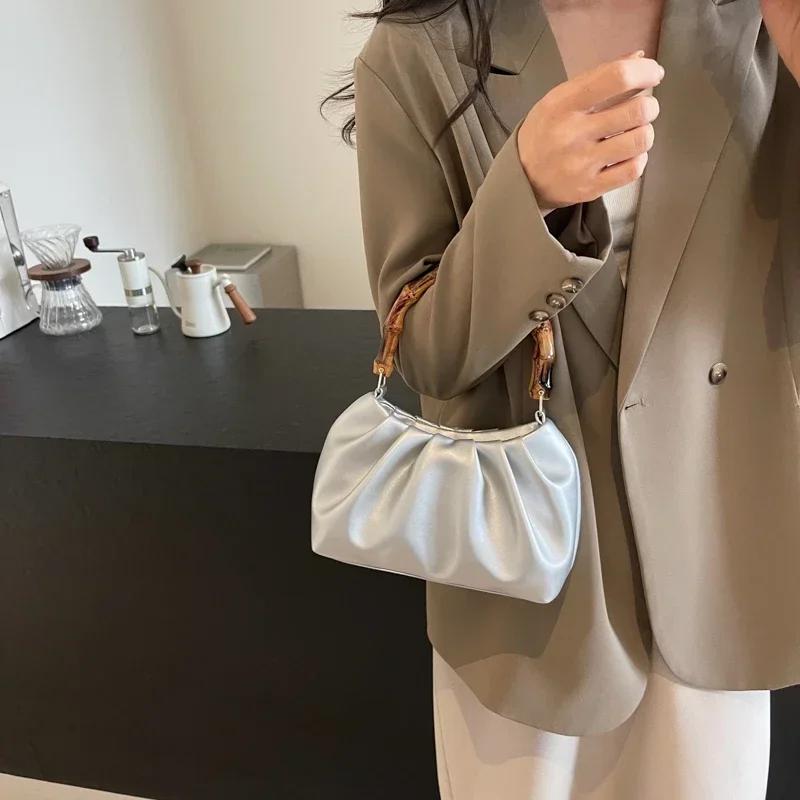 Solid PU Pleated Hand Bags for Women Bamboo Handle with Zipper Buckle Fashion