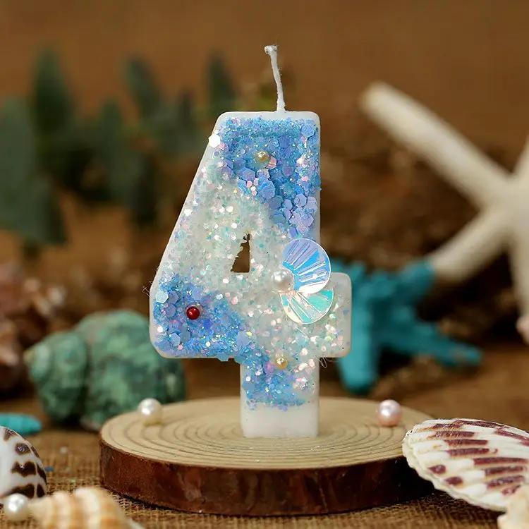 Gradual Change Blue Ocean Shell Digital Birthday Candle, Creative Birthday Party Cake Decorations, 520 Anniversary Candle