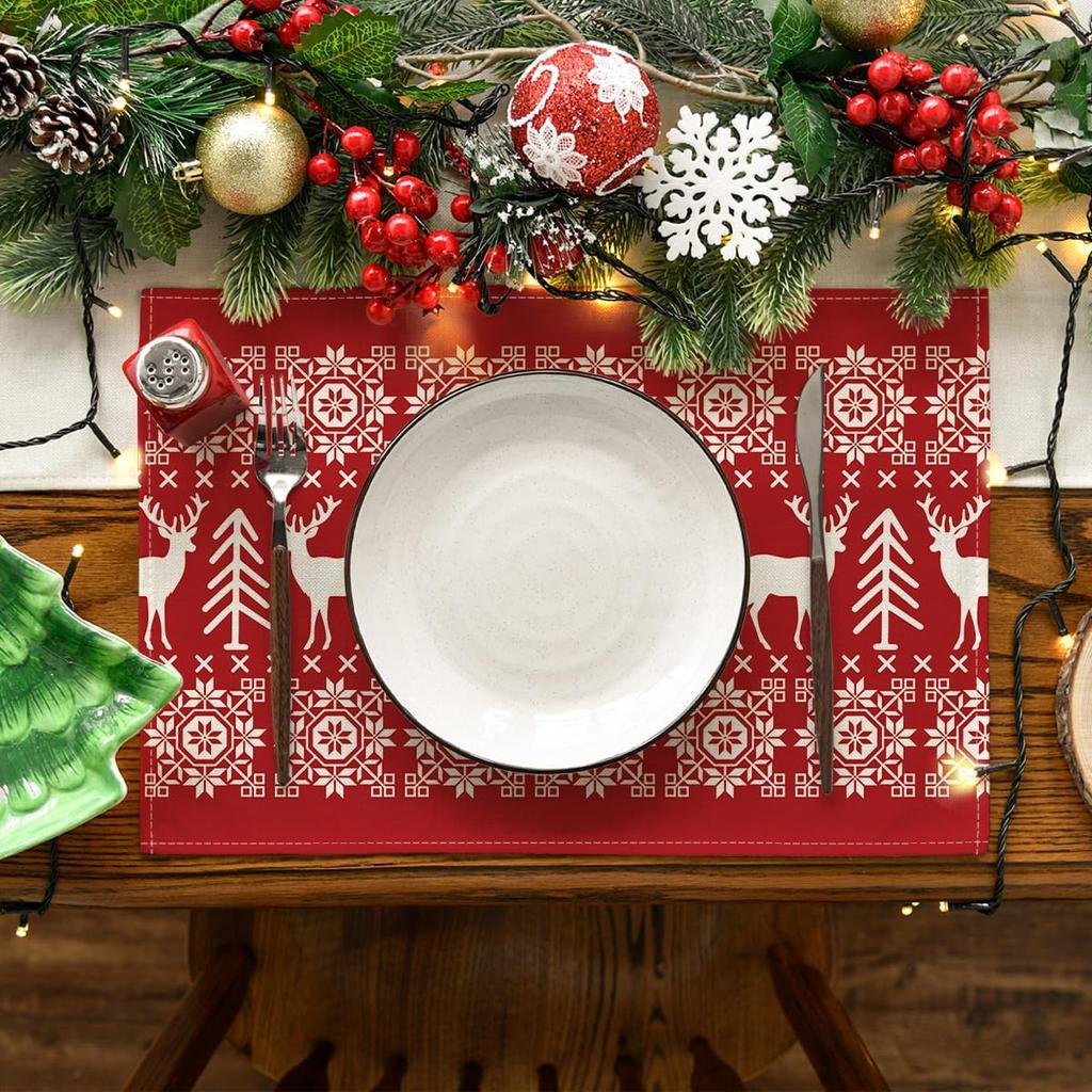 Artoid Mode Fair Isle Pattern Deers Christmas Placemats Set of 4, 12x18 Inch Winter Table Mats for Table Runner Party Kitchen Dining Decoration