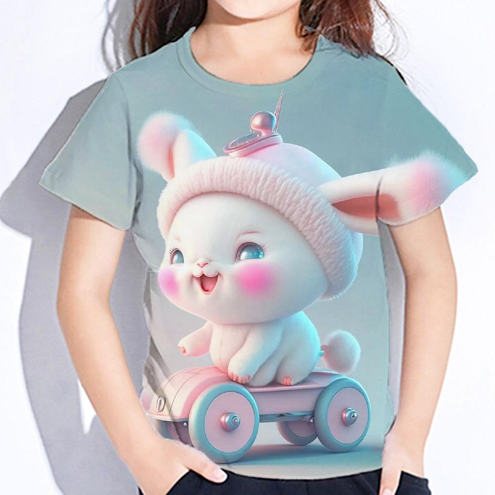 Rabbit Cartoon Print Toddler Short Sleeve Tops Oversized Crew Neck Tees Little Girl Clothes