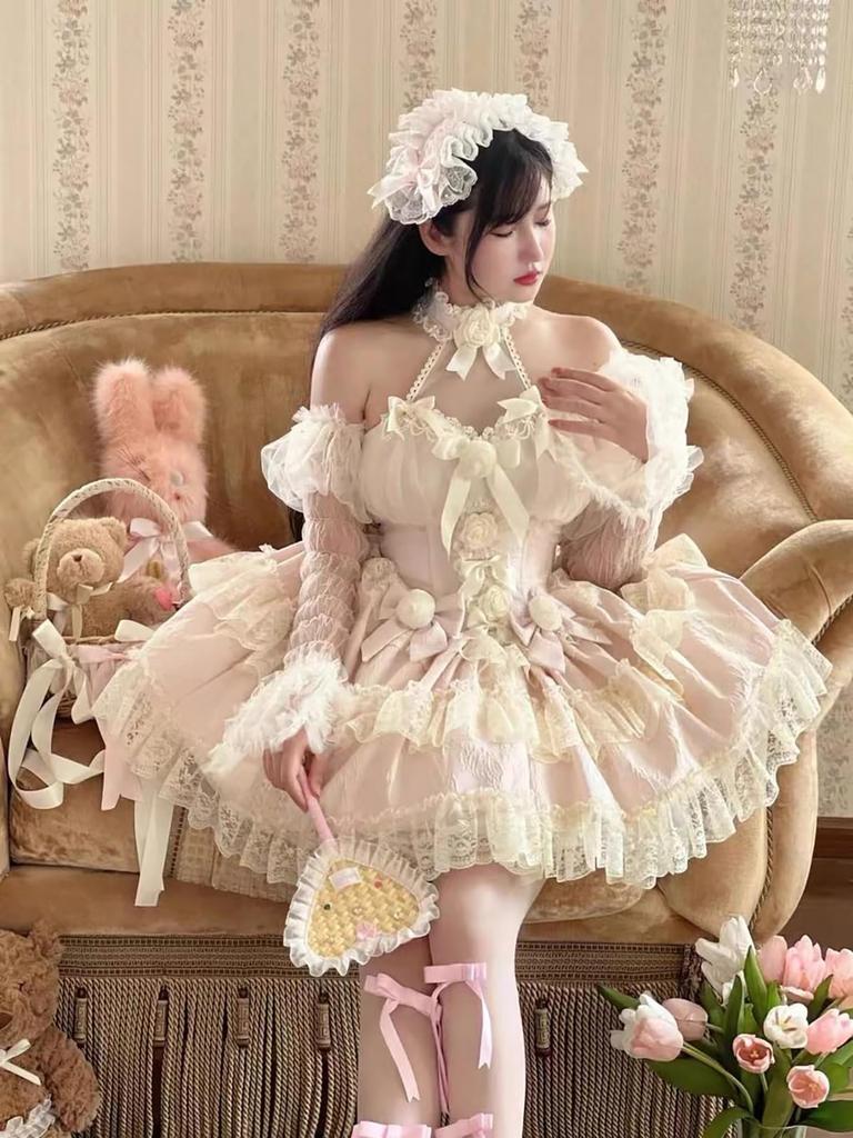 XHSUKADO Lolita JSK Set and Neck with Cute Lace and Arm Perfect for Featuring and French Girly Available in Size 3-Piece (Jumper Skirt, Camisole,