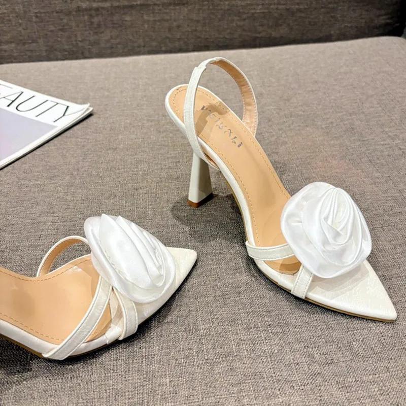 Fashion Summer Fashion Silk Rose Flowers Back Strap Heeled Sandals Women Pointed Open Toe Red High Heels Wedding Prom Shoe Zapatos Mujer