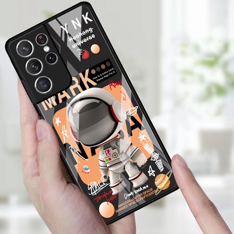 Phone Glass Case For Samsung Galaxy S22 S21 S20 Ultra FE S9 S10 S8 Plus Note 20 10 Lite 9 8 Cover Coque Cute Head Mini Astronaut