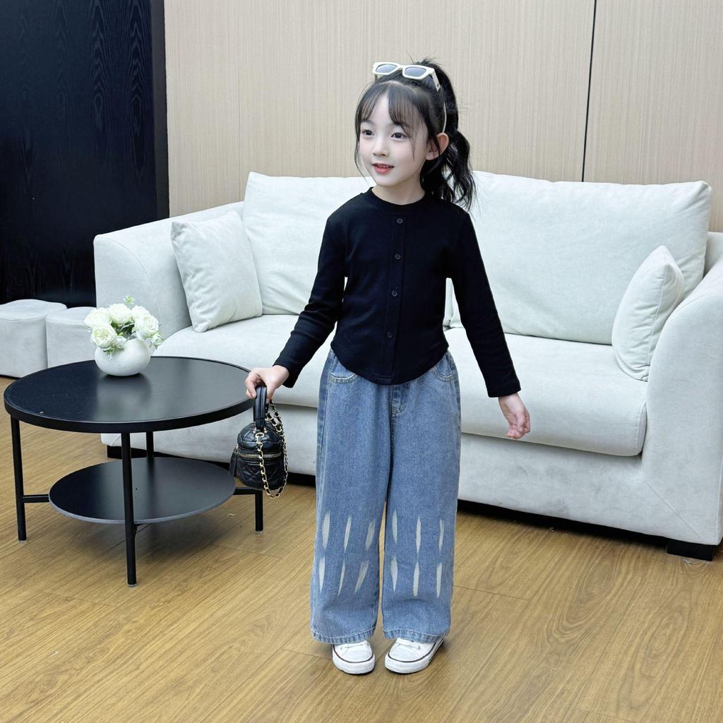2025 New Korean Style Girls' Black Top & Jeans Set - Spring/Autumn
