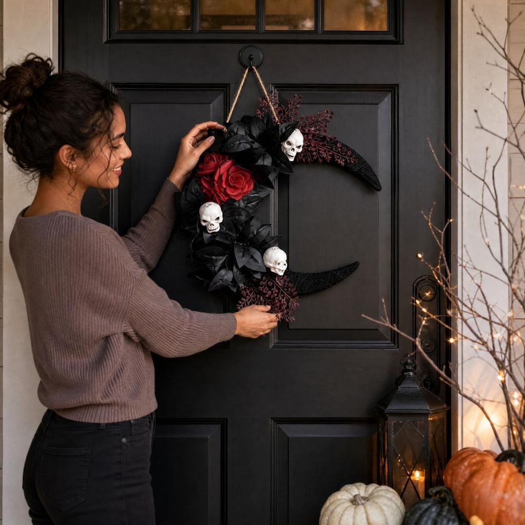 Halloween Wreath with Black Artificial Maple Leaves and Colorful Flowers Front Door Hanging Decor for Holiday