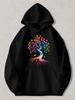 Black Pullover Hoodie Featuring Vibrant Rainbow Tree of Life Graphic with Colorful Leaves And Roots, Unisex Casual Sweatshirt for