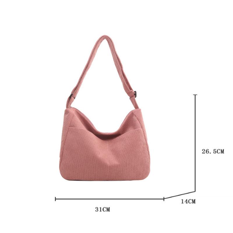 Damen Cord Schultertasche, Lässige Gestreifte Tragetasche mit Großem Fassungsvermögen und Reißverschluss, Niedlicher Hut-Aufnäher, Perfekt für den täglichen Gebrauch
