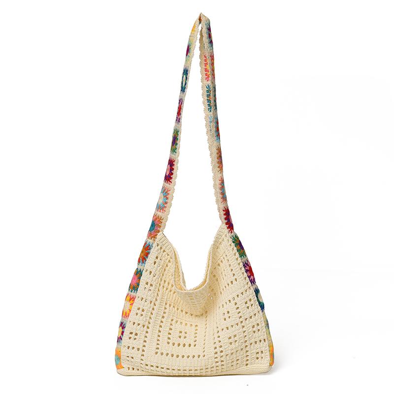 Vintage Hollow Crochet Shoulder Bag – Women's Knit Hobo Bag with Floral Embroidered Strap – Large Casual Tote for Beach Commute