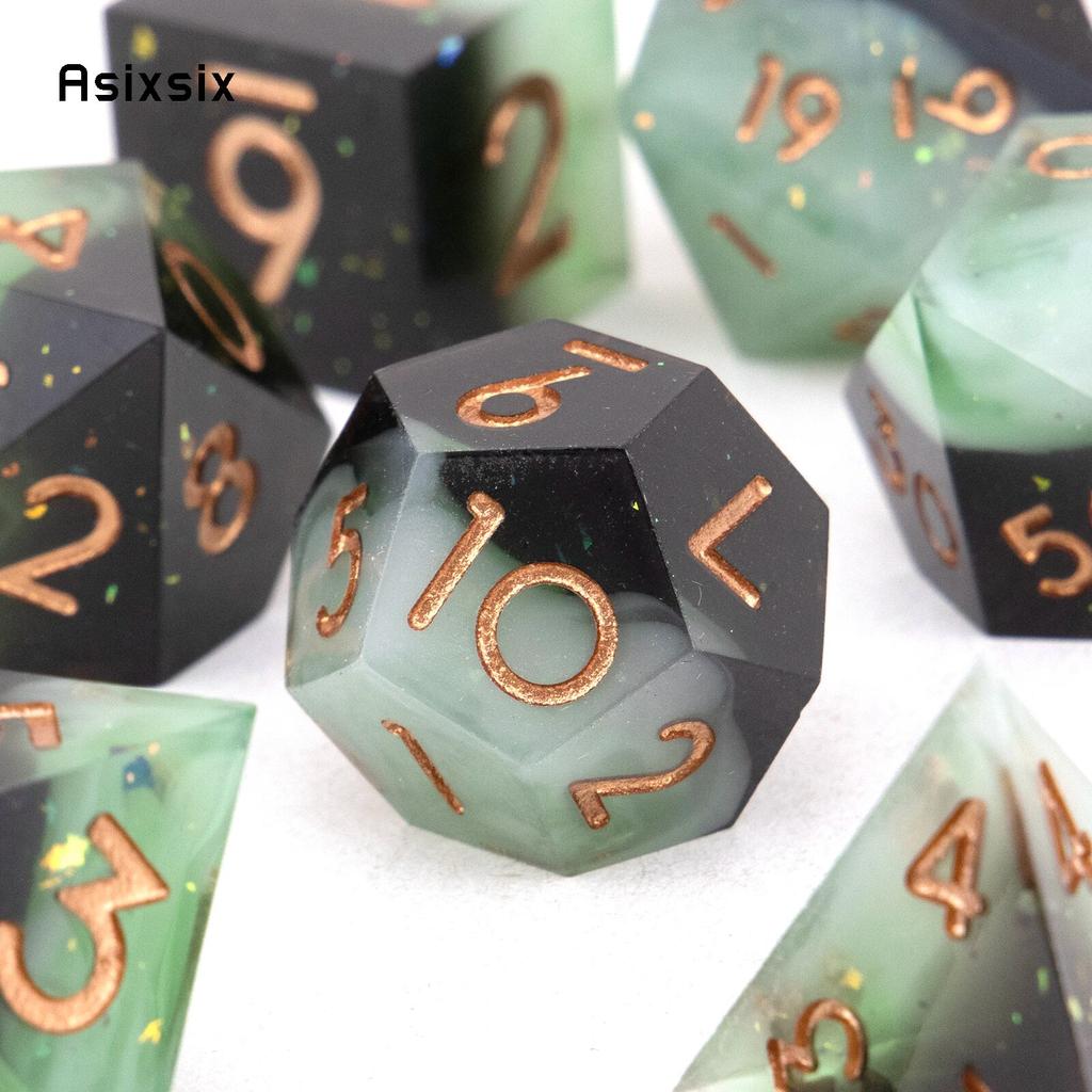 7 Pcs Black Green Golden Number Sharp Edge Resin Dice Polyhedral Dice Suitable for Role-Playing RPG    Board Game