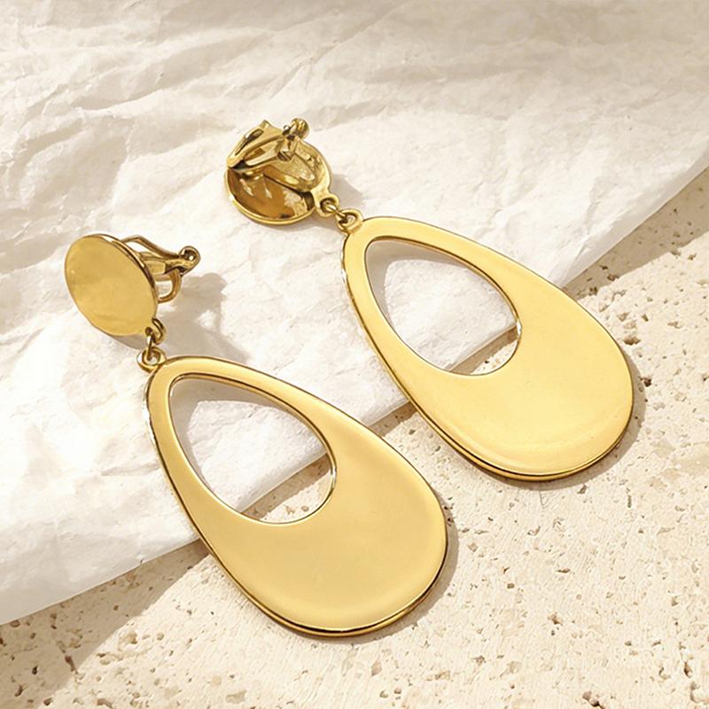 Simple Stainless Steel Teardrop Ear Clips 18 Gold-Plated Hypoallergenic Smooth Non-Piercing Clip on Earrings for Women
