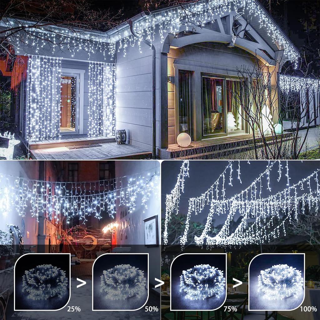 Solar-Powered LED Icicle String Lights, Waterproof, White, for IndoorOutdoor Use [8 Modes, Timer, Remote Dimming, Memory Function], Perfect for