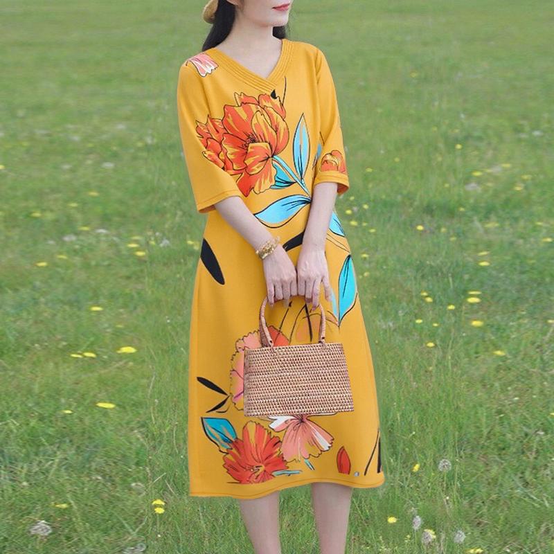 ZANZEA Women Casual V-Neck Loose 3/4 Sleeve Floral Print Dress