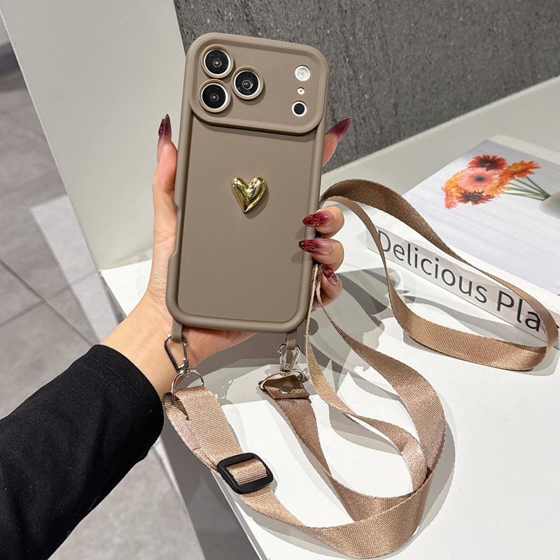 Cute 3D Golden Love Heart Soft Case For iPhone 17 11 12 13 14 15 Pro Max 16 Plus Crossbody Necklace Strap Lanyard Cover