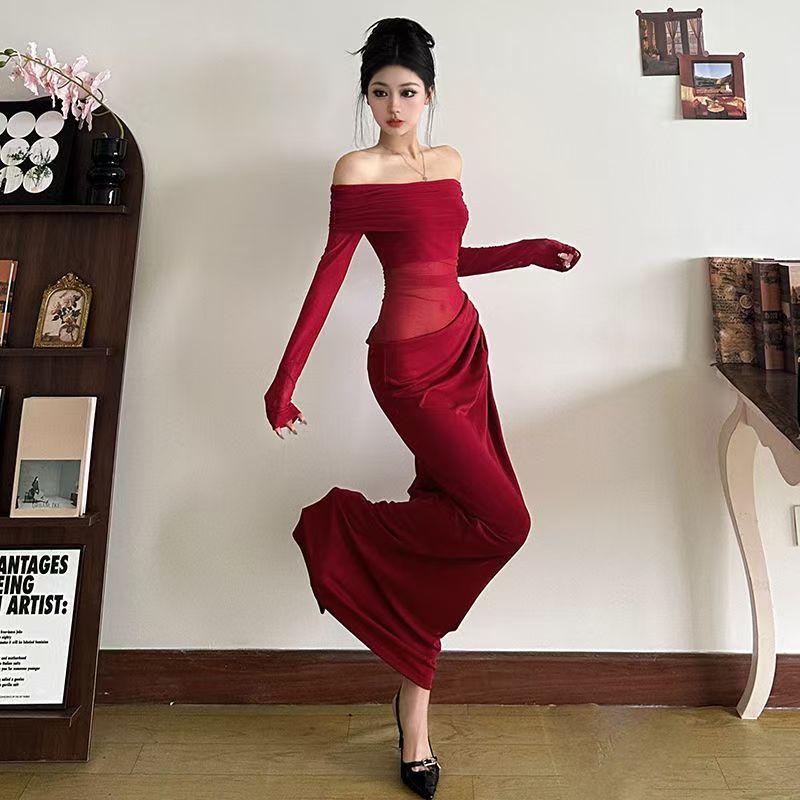 Sexy Spice Girl Wind Tulle Hollow Pure Desire One-word Shoulder Early Autumn New Temperament Hip Wrap Waist Skinny Splicing Long Dress