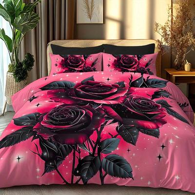 2/3Pcs Valentine'S Day, Purple Rose Series, Four Seasons Universal Black Background Love Romantic Floral Pattern Bedding Set