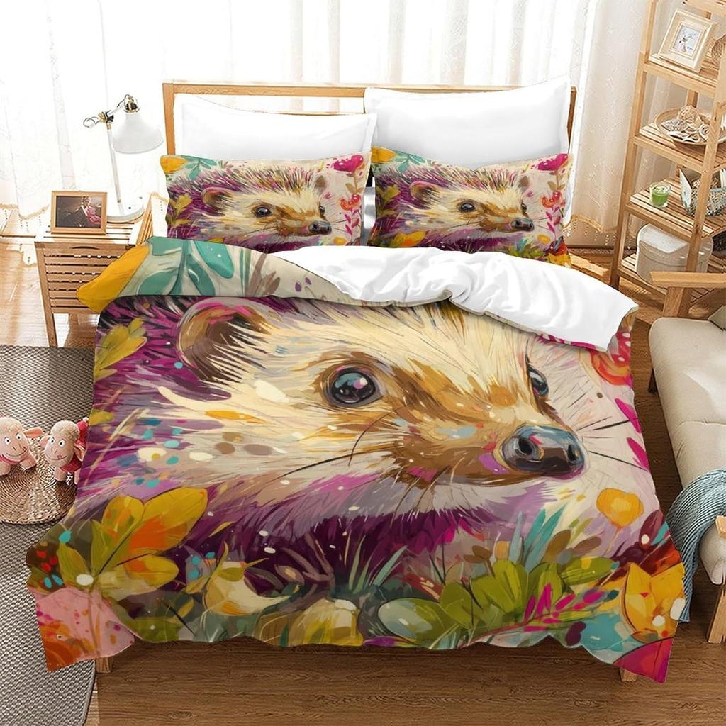 Animal Print Hedgehog Microfiber Duvet Cover Set for Kids Boys Girls, Animal Hedgehog Comforter Cover Set Bedding Sets with Zip