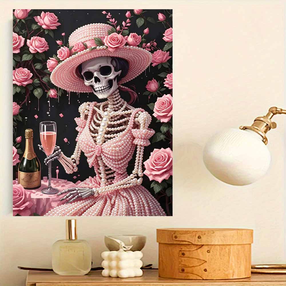 DIY Frameless Pearl Art Kit Pink Rose Skeleton Lady Design 3D Bead Painting Canvas Relaxing Handmade Craft for Home Decor Wall Art