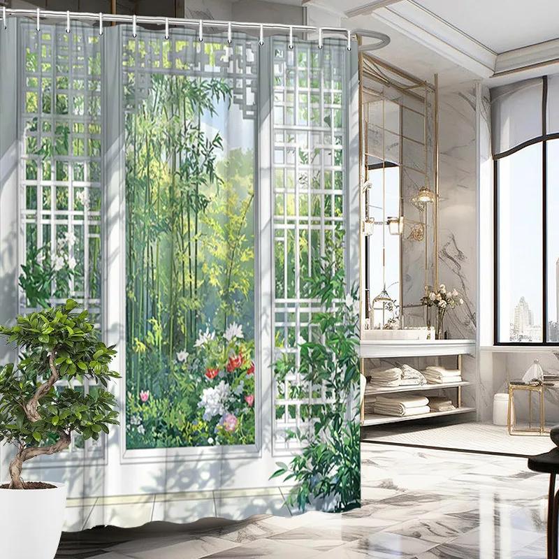 

1Pc Japanese Garden Shower Curtain - Bamboo & Colorful Flowers, Polyester, 70.8X70.8In, 12 Hooks, Serene Design W60H190(CM)-1 Pcs