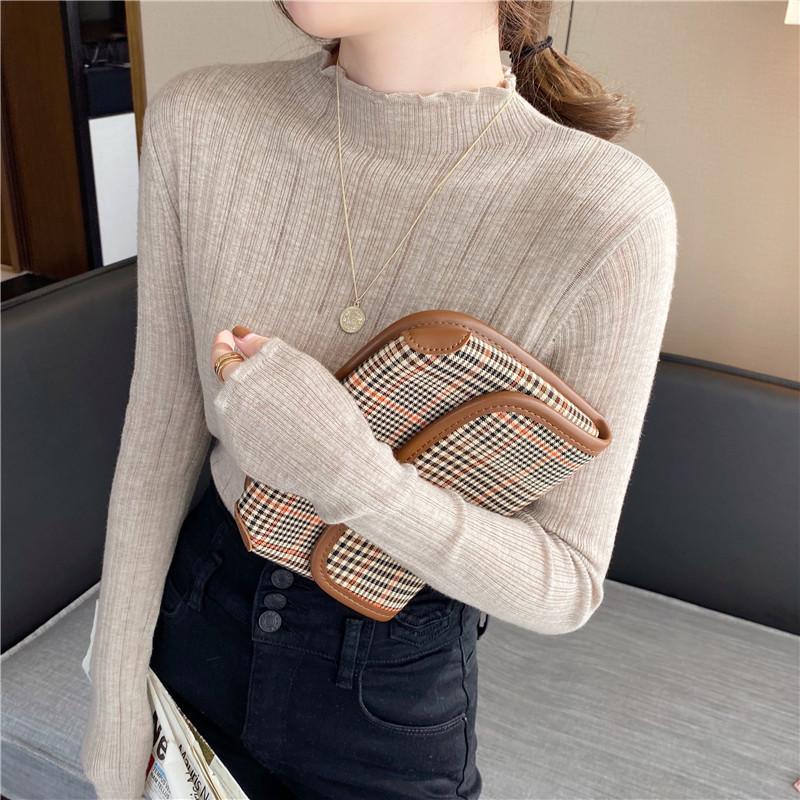 Early spring fungus edge bottoming shirt women's thin slightly transparent sexy long-sleeved sweater inside pure desire wind knitted top