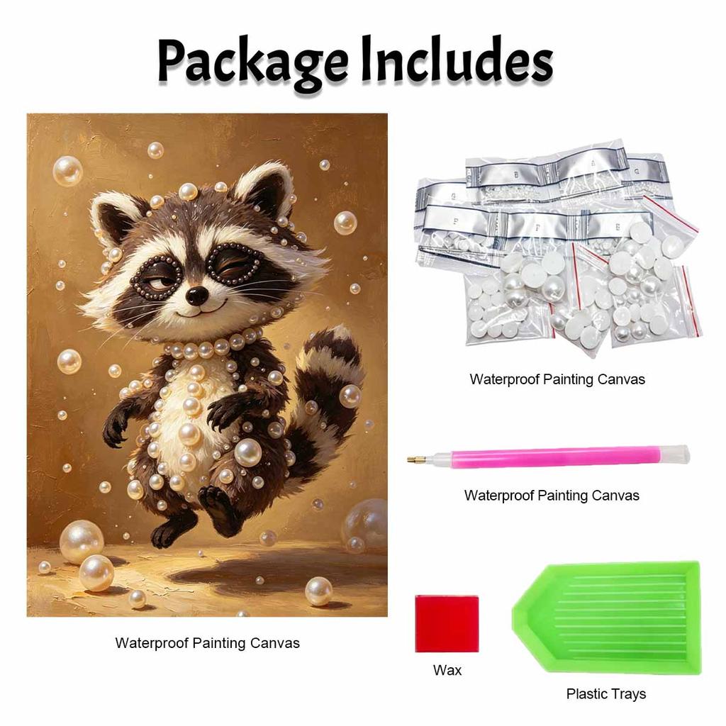 Adorable Raccoon with Pearls Framed Pearl Painting Kit DIY 3D Sparkling Bead Canvas Art Relaxing Handmade Craft Gift for Women