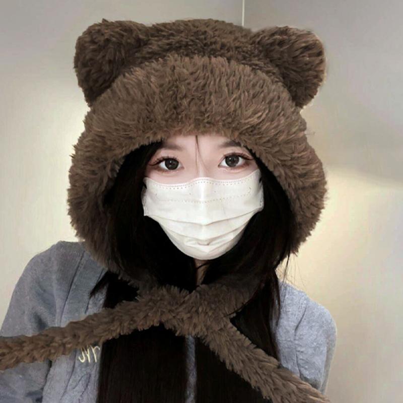 Autumn And Winter  Bear Ear Strap Lei Feng Hat Women'S Korean Cute Warm Ear Protection Knitted Wool Hat