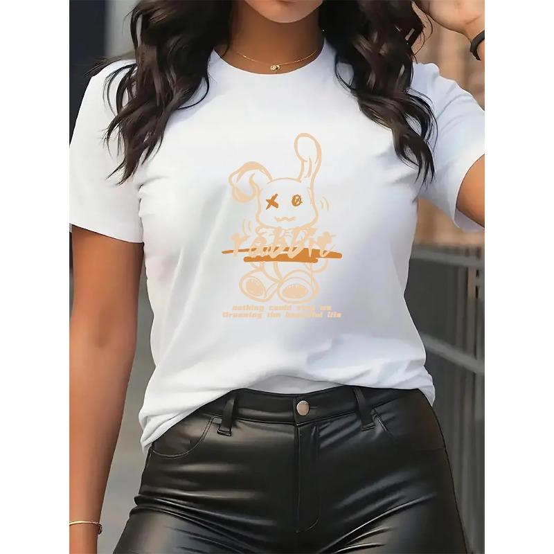 

Женская милая спортивная футболка с принтом кролика, короткий рукав, удобный круглый вырез, средняя эластичность, машинная стирка, повседневная, всесезонная, для всей семьи, повседневная одежда, топ S белый