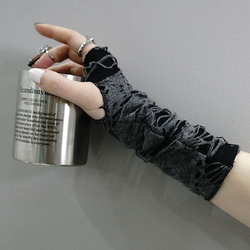 

Uinxx White Ripped Beggar Sun Protection Oversleeve Gyaru Y2g Subculture Women Autumn and Winter Personalized Finger Couple Gloves Black short All yards