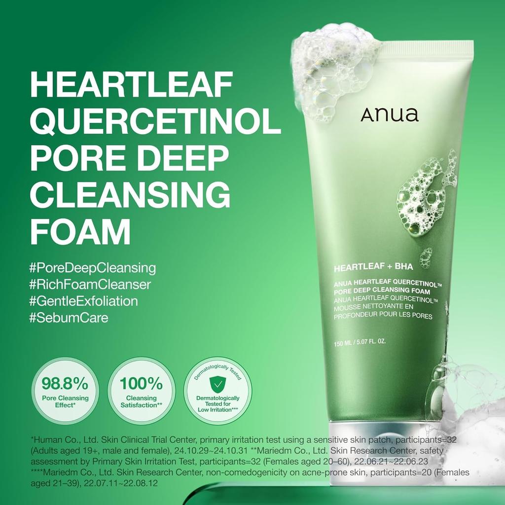 Anua Schiuma Detergente Profonda Pori Heartleaf Quercetinol, Detergente Viso, per Doppia Detersione, BHA, Acido Ialuronico, Glicerina, Detergente Viso, Punti Neri