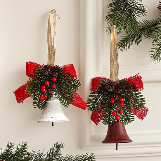 Christmas Bell Decoration Bowknot Decor Hanging Decorative Bell with Pine Branches Red Fruits Indoor Outdoor Ornament