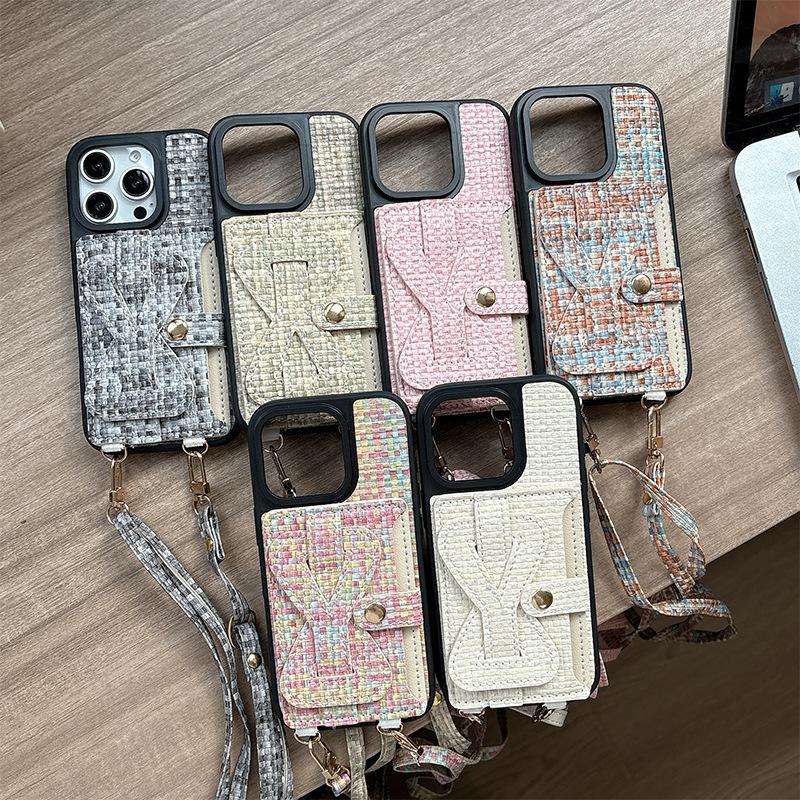 Plaid Wristband Card Holder Wallet Phone Case for Apple 17 Crossbody Cord for IPhone 16promax Leather Fashion