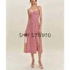 Summer New Product Women's Clothes Vacation Style Plaid Halterneck Lace-up Sleeveless Silm Waist-Tight Split Long Dress