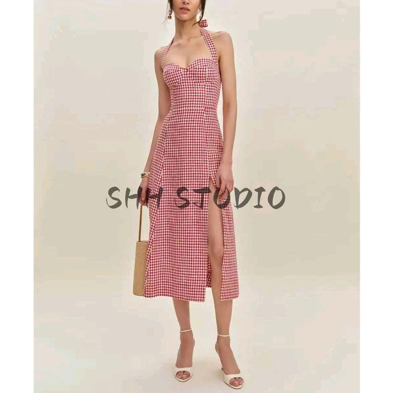 Summer New Product Women's Clothes Vacation Style Plaid Halterneck Lace-up Sleeveless Silm Waist-Tight Split Long Dress